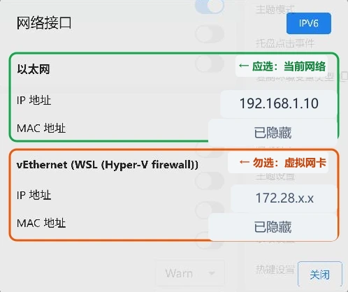 Clash Verge Rev 网络接口窗口中以太网和 WSL 虚拟网卡的选择示意