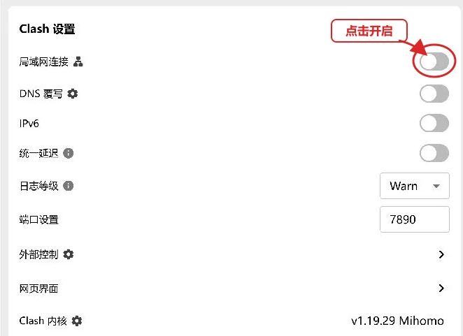 Clash Verge Rev v2.5.2 设置页面中的局域网连接、网络接口图标和端口设置